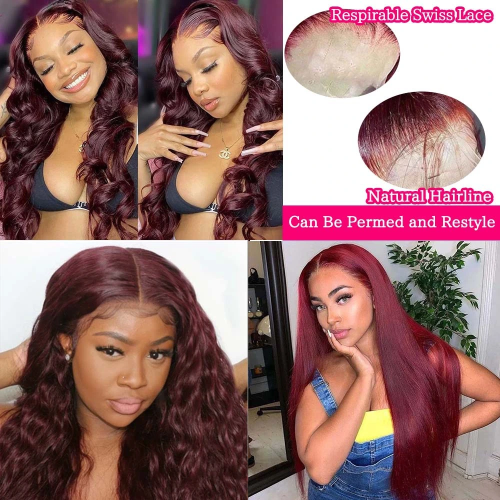 Wholesale Burgundy 360 Wig Body Wave 99j Colored Curly Wave HD Transparent Lace Front Human Hair Wig